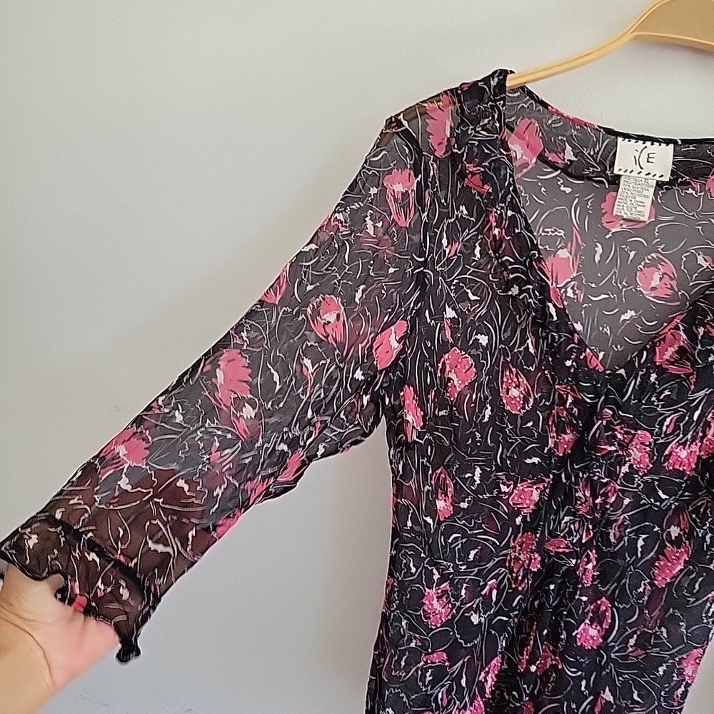 ICE Vintage Y2K Beaded Sheer Silk Floral Blouse Dark Fairy Feminine‎ Whimsigoth - Picture 4 of 14